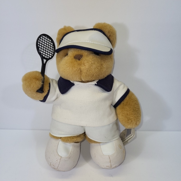 Tennis Pro Tan Teddy Bear Plush Vintage White outfit with Black Racket Golf Bear - Picture 1 of 10